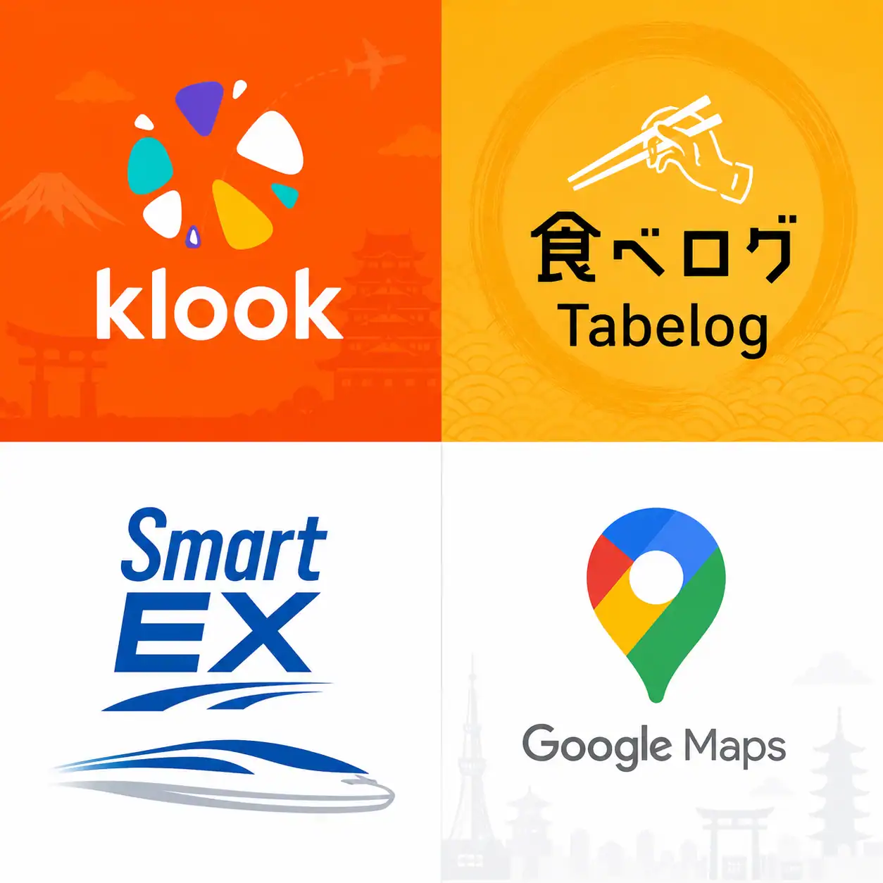 Applications indispensables pour voyager au Japon : Klook pour réserver activités et billets, Tabelog pour trouver de bons restaurants, SmartEX pour les réservations de Shinkansen, et Google Maps pour se déplacer.