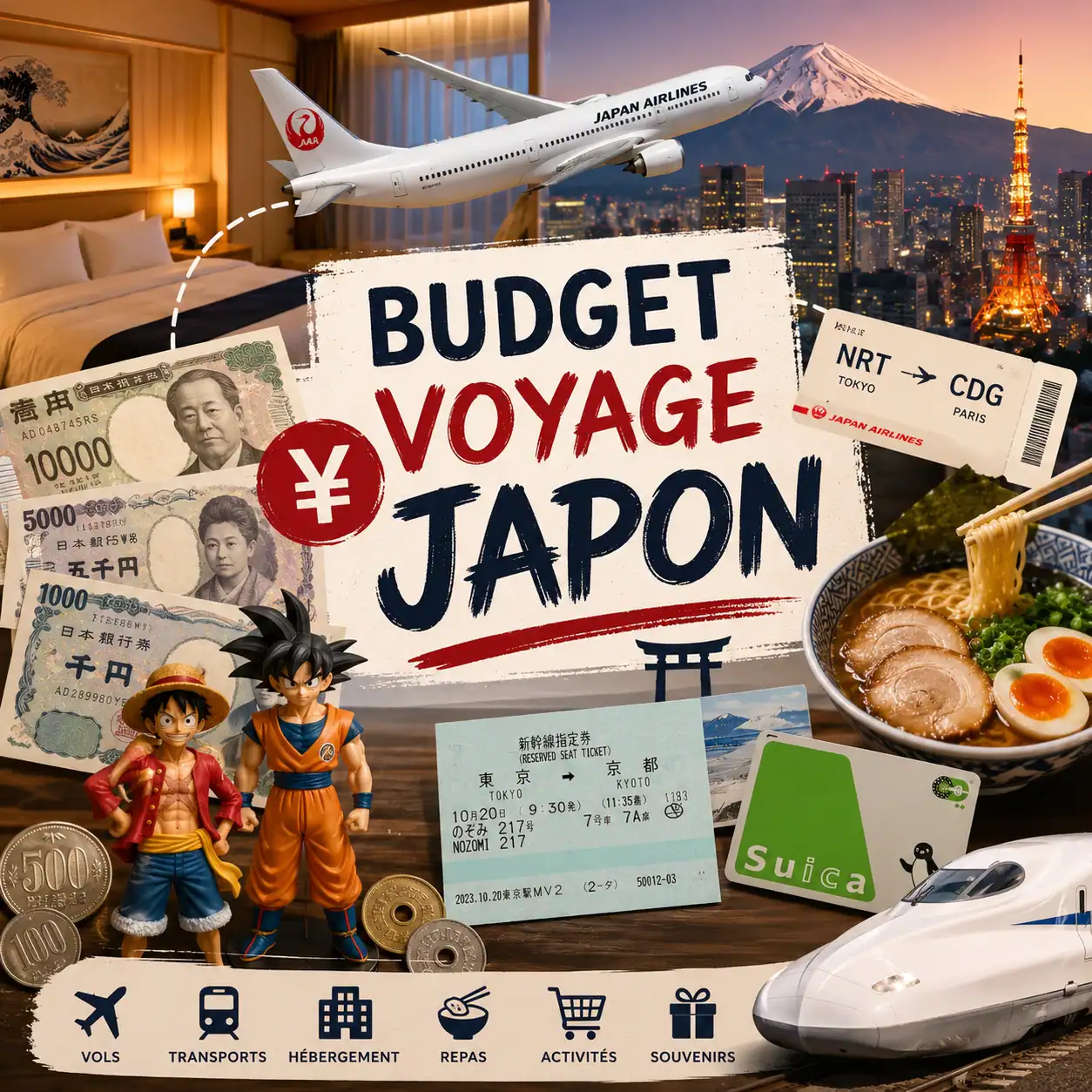 Illustration du budget d'un voyage au Japon avec des yens, un billet d'avion, un hôtel, un ramen, des figurines et un billet de train japonais.